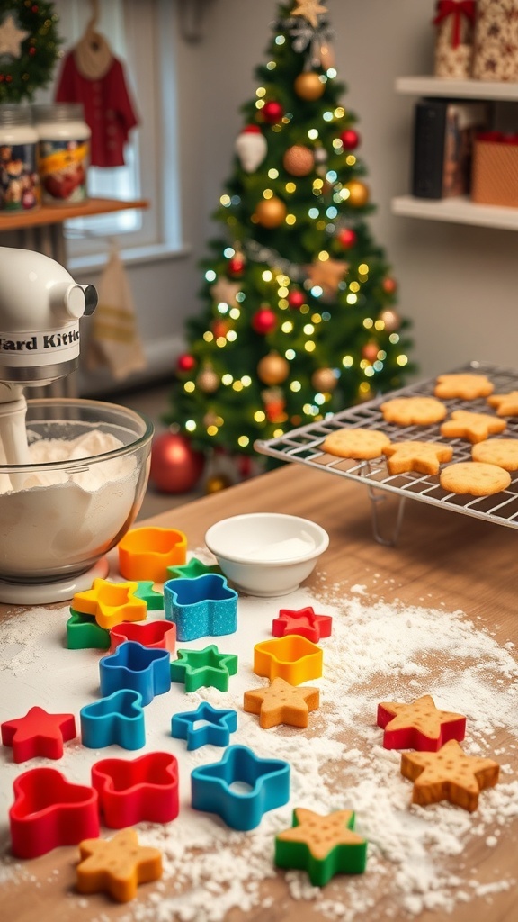 Christmas Baking Sayings and Quotes A cozy kitchen with holiday baking ingredients, cookie cutters, and a tray of cookies, with a Christmas tree in the background.
